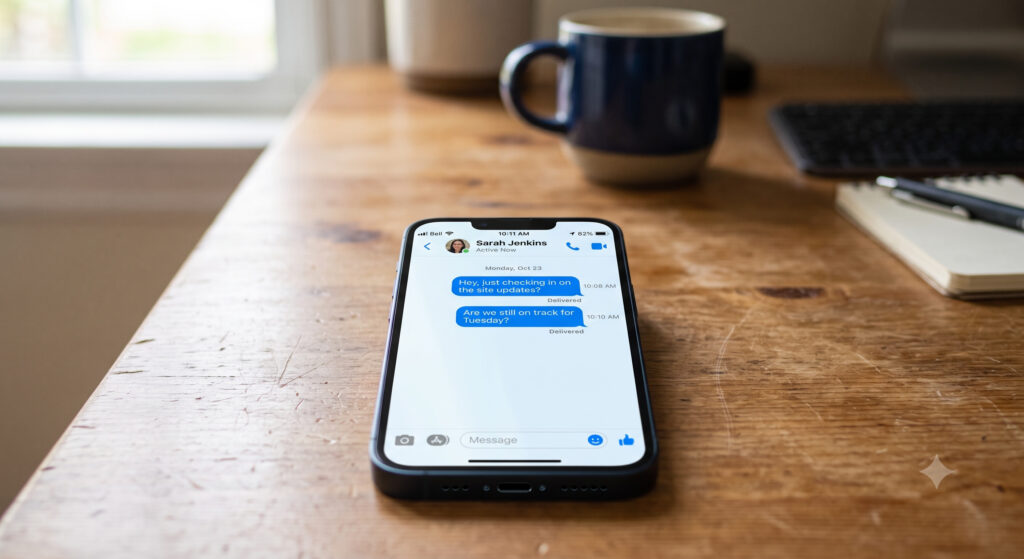 A close-up shot of a smartphone lying face up on a desk. The screen shows an outgoing text message chain with blue bubbles saying "Hey, just checking in on the site updates?" and "Are we still on track for Tuesday?", with no responses underneath. The background is softly blurred.